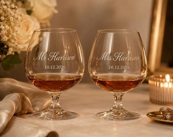 Personalized Brandy Glasses Set, Custom Engraved Cognac Snifters, Mr and Mrs Wedding Gift, Anniversary Couple Barware