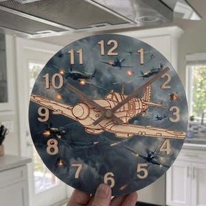 WW2 Spitfire 3D Wood Wall Clock – Multi-Layered Aviation Decor, Battle Scene (11 Inch)