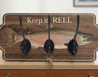 Personalized Fishing Coat & Key Holder | Custom Wood Fish Sign | Choice of Trout, Salmon, or Seabass | Handcrafted Angler Gift | 11" x 5"