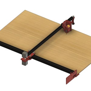 May include: A black and red CNC machine with a wooden cutting board. The machine has a black frame and red accents. The cutting board is made of wood and has a light brown colour.