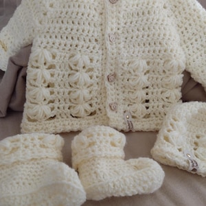 Handmade, crochet baby jacket, hat and matching bootees, various colour options available, made to order
