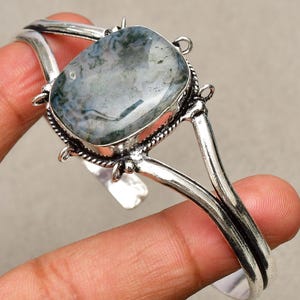 Moosachat Edelstein-Armband, 925er Silber überzogener Schmuck-Armband, ausgefallene Form-handgemachter Schmuck-Stulpe-Armband, Frauen-Armband-täglicher Schmuck