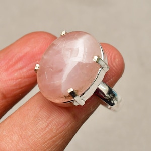 Bague quartz rose : bijoux en plaqué argent 925 avec pierres précieuses, taille 9