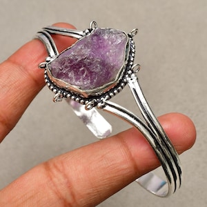 Handmade Amethyst Gemstone Bangle: 925 Silver Plated Cuff