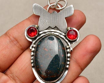 Pendentif pierre précieuse naturelle en pierre de sang, argent sterling 925, bijoux faits main, accent grenat