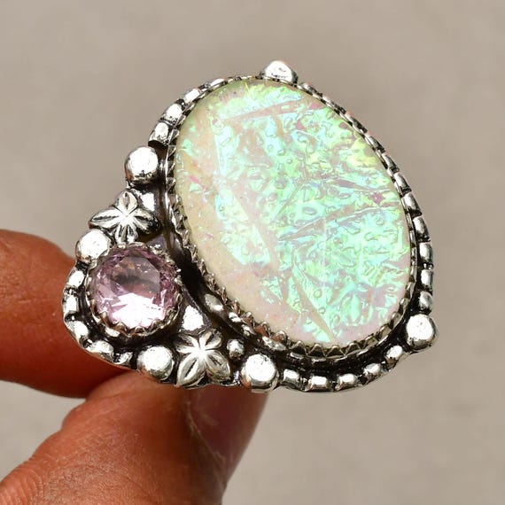Triplet Opal Ring: 925 Silver Plated Jewelry, Pink Kunzite Accent (Size 8)