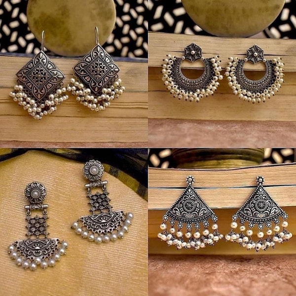 Set of 4 earring,german silver earrings jhumka jhumki, silver oxidised earrings, silver look alike earrings ,bohemian jewelry,  gift for her