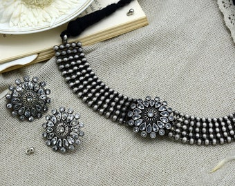 Indian ethnic oxidized ghungroo choker necklace, German silver jewelry ,gifts for her, easy to go, German silver necklace neckpiece