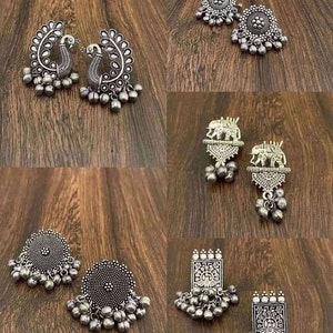 Set of 5 stud ,german silver earrings jhumka jhumki, silver oxidised earrings, silver look alike earrings ,bohemian jewelry,  gift for her