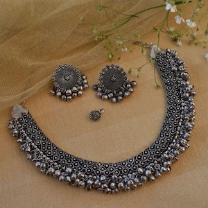 Indian ethnic oxidized ghungroo choker necklace, German silver jewelry ,gifts for her, easy to go, German silver necklace neckpiece