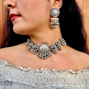 Indian ethnic oxidized ghungroo choker necklace, German silver jewelry ,gifts for her, easy to go, German silver necklace neckpiece