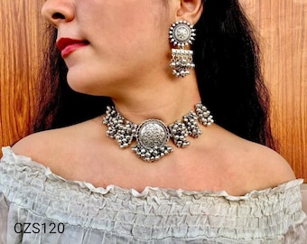 Indian ethnic oxidized ghungroo choker necklace, German silver jewelry ,gifts for her, easy to go, German silver necklace neckpiece