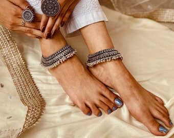 Tobillera de plata, Tobillera de hebra, Tobillera oxidada, Joyas de Bollywood, Ropa fácil de llevar, Regalos para ella, Tobillera de plata alemana, Tobillera antigua,