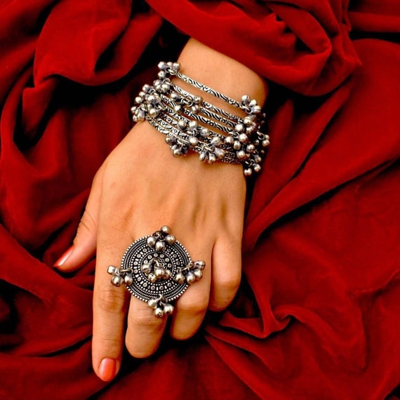 Bangle set with ring , ghungroo Indian jewelry, oxidised German silver bangle set, silver oxidised bangles,antique bangles