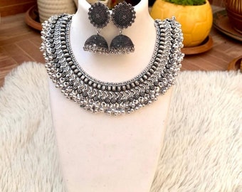 Indian ethnic oxidized ghungroo choker necklace, German silver jewelry ,gifts for her, easy to go, German silver necklace neckpiece