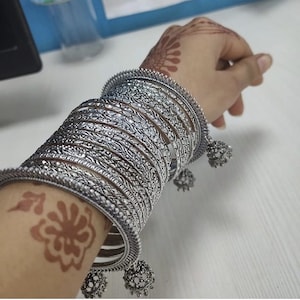Bangle set, ghungroo Indian jewelry, oxidised German silver bangle set, silver oxidised bangles,antique bangles