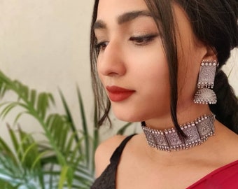 Indian ethnic oxidized ghungroo choker necklace, German silver jewelry ,gifts for her, easy to go, German silver necklace neckpiece
