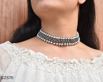 Indian ethnic oxidized ghungroo choker necklace, German silver jewelry ,gifts for her, easy to go, German silver necklace neckpiece