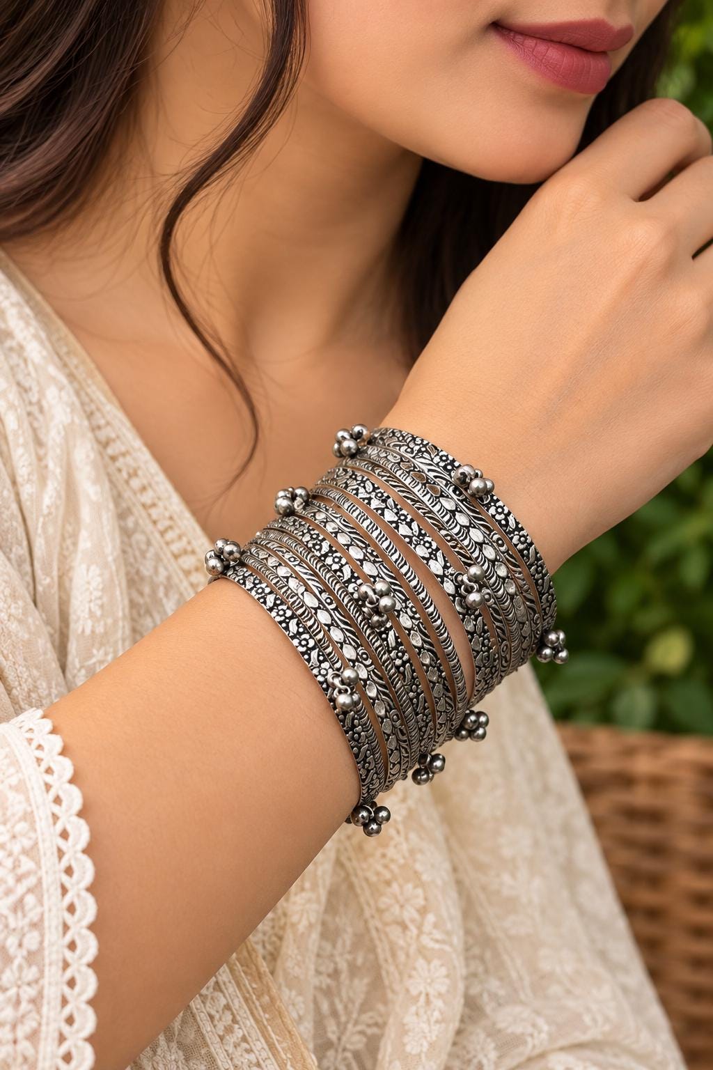 Oxidized German Silver Bangle Set With Ghungroo Bells – 16-piece
