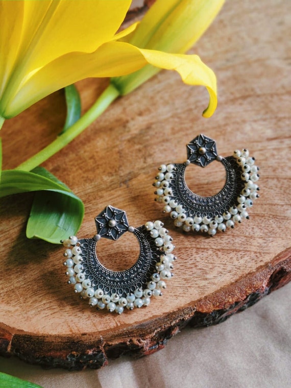 German silver Goddess Lakshmi large stud earrings – Simpliful Jewelry