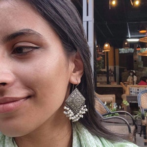 german silver earrings jhumka jhumki, silver oxidised earrings, silver look alike earrings ,bohemian jewelry, indian handmade , gift for her