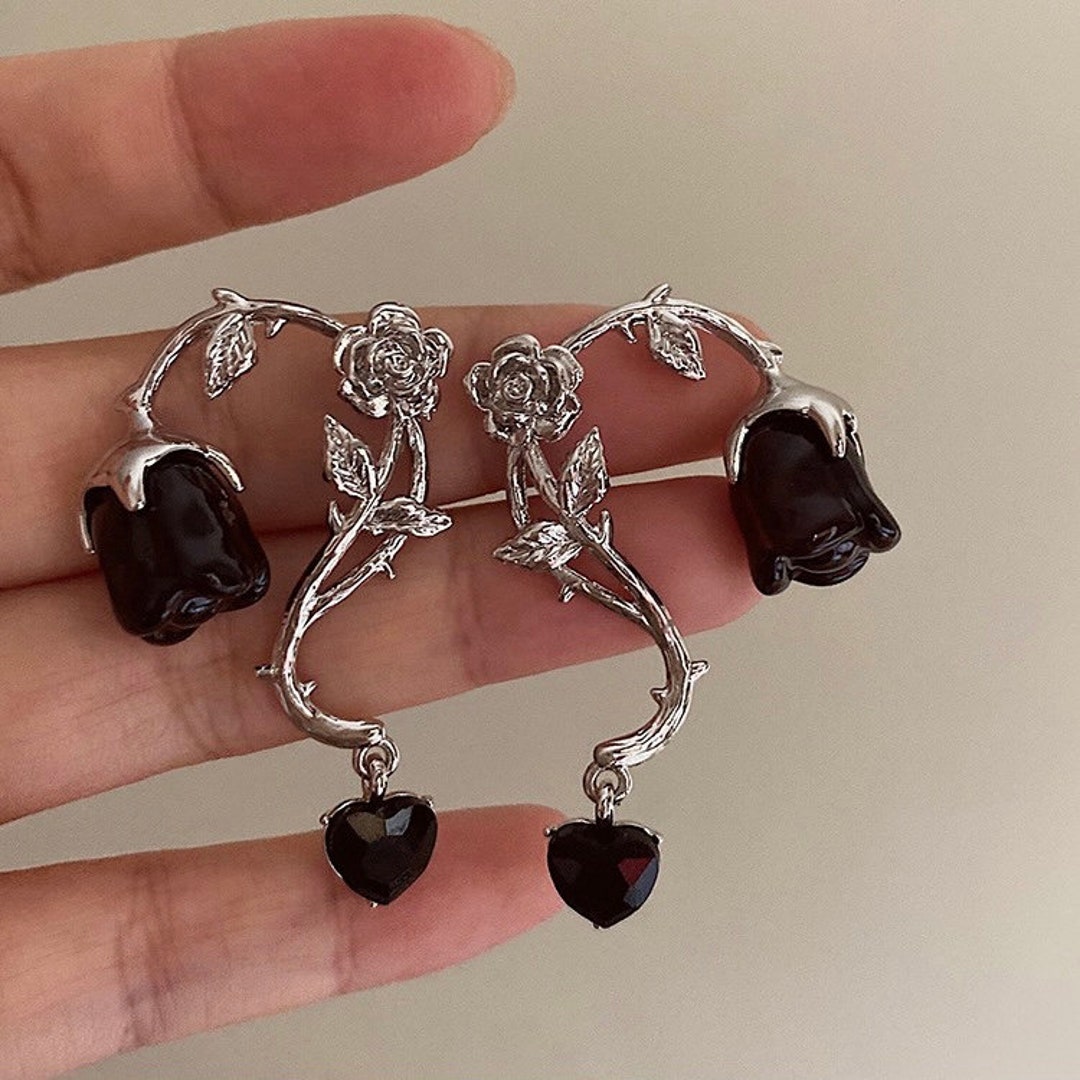 Gothic Black Rose Earrings Whimsigoth Earrings Witchy Etsy UK