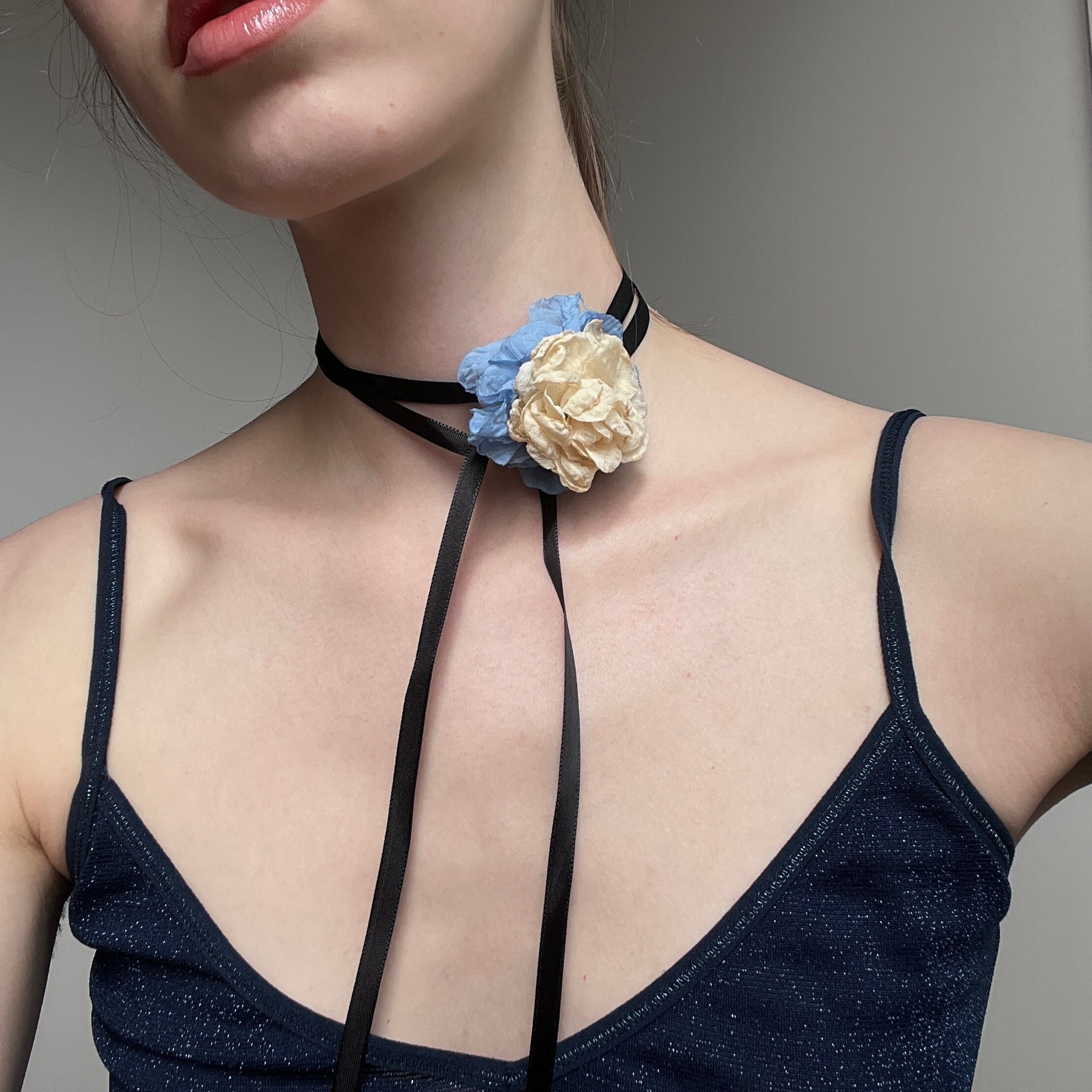 Rosette- The Satin Rosette Ribbon Choker Necklace 7 Colors Blue