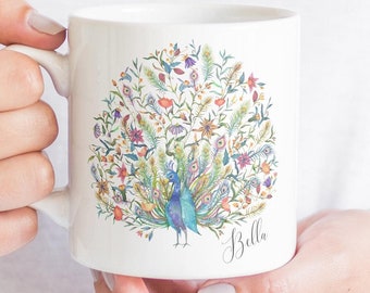 Tazza personalizzata con pavone, nome personalizzato, pavone floreale, tazza da caffè con fiori, regalo per lei