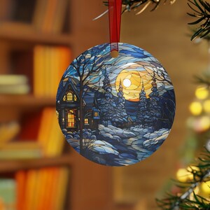 Stained Glass Metal Christmas Ornament, Snowy village Metal ornament for Christmas, Stained Glass tree hanger