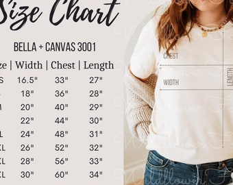 Trendy Bella Canvas 3001 Size Chart | Unisex T-Shirt Sizing Guide | Instant Digital Download