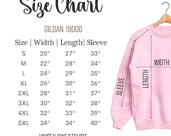 Gildan 18000, Size Chart, Sweatshirt Measurements, Unisex Crewneck, 18000 Size Chart, Gildan Size Chart, Digital Download