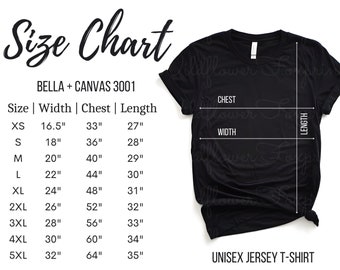 Bella Canvas 3001 Size Chart,  Unisex T-Shirt Sizing Guide