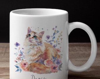 Personalized Floral Cat Mug – Custom Watercolor Cat Gift  – Cute Cat Lover Coffee Mug – Unique Cat Owner Gift