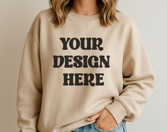 Gildan 18000 Sand Sweatshirt Mockup | G180 Sand Beige Crewneck Mock-up | Gildan Sand Sweater | Neutral Minimal Aesthetic