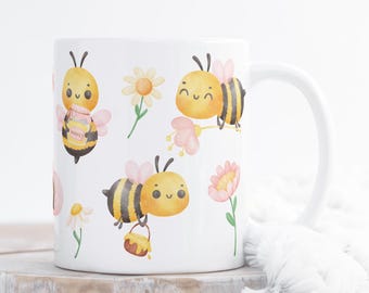 Cute bee and flower Mug – Cute 11oz Ceramic Coffee Cup with Watercolor Design, Gift for Nature Lovers & Gardeners