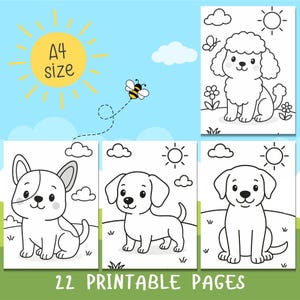 Op de afbeelding: Een verzameling afdrukbare A4-kleurplaten met cartoonhonden. De afbeelding bevat een zon, wolken en een bij. De tekst "22 Printable Pages" staat onderaan. Elke pagina heeft een andere hondenillustratie.