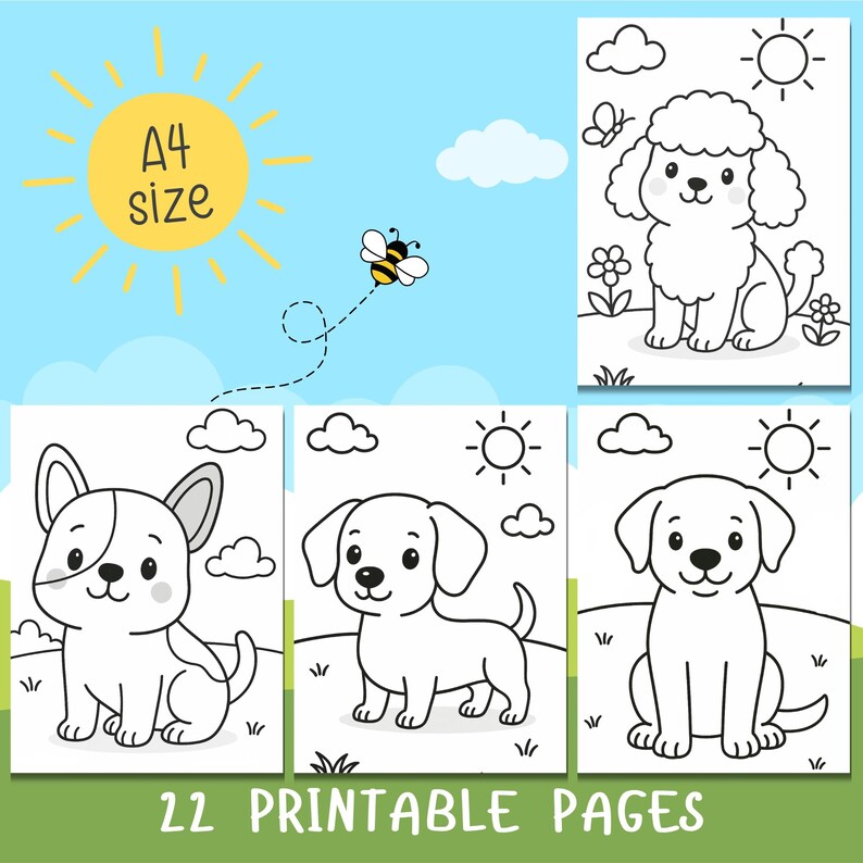Op de afbeelding: Een verzameling afdrukbare A4-kleurplaten met cartoonhonden. De afbeelding bevat een zon, wolken en een bij. De tekst "22 Printable Pages" staat onderaan. Elke pagina heeft een andere hondenillustratie.