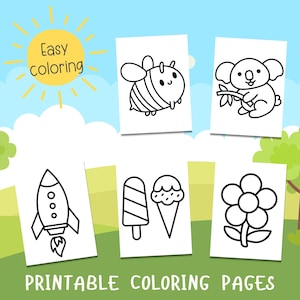 May include: Six printable coloring pages featuring cartoon illustrations of a bee, koala, rocket, ice cream, popsicle, and flower. The words "Easy coloring" and "Printable coloring pages" are also visible in the image. The background is a blue sky and green grass.