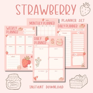 Printable Strawberry Cottagecore Planner Set | Cute Strawberry Aesthetic | Daily, Weekly and Monthly PDF and JPG