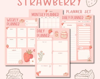 Ensemble d'agendas imprimable fraise Cottagecore | Esthétique fraise mignonne | PDF et JPG quotidiens, hebdomadaires et mensuels