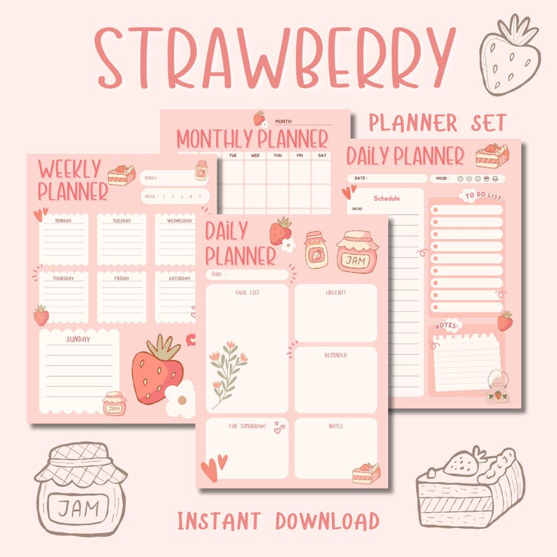 Puede incluir: Un conjunto de planificadores imprimibles con tem&aacute;tica de fresa. El conjunto incluye un planificador semanal, un planificador mensual y un planificador diario. Cada planificador presenta lindas ilustraciones de fresas, tarros de mermelada y pastel.