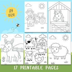 May include: A set of 17 printable coloring pages featuring farm animals, a farmer, and a barn. The pages are designed for children and include images of a cow, pig, chicken, donkey, sheep, horse, and a tractor.