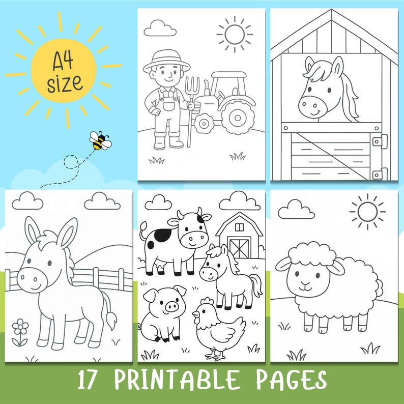 May include: A set of 17 printable coloring pages featuring farm animals, a farmer, and a barn. The pages are designed for children and include images of a cow, pig, chicken, donkey, sheep, horse, and a tractor.