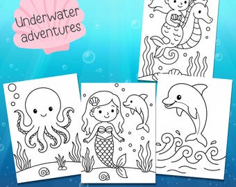 Underwater Adventure Coloring Pages for Kids – Toddler Coloring Sheets, Ocean Party Activity, Preschool Printable, Sea Animals & Mermaids