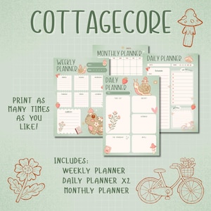 A printable cottagecore planner set featuring cute frogs, snails, flowers, and strawberries. Includes daily, weekly, and monthly planners in pastel green tones for a cozy, nature-inspired aesthetic.