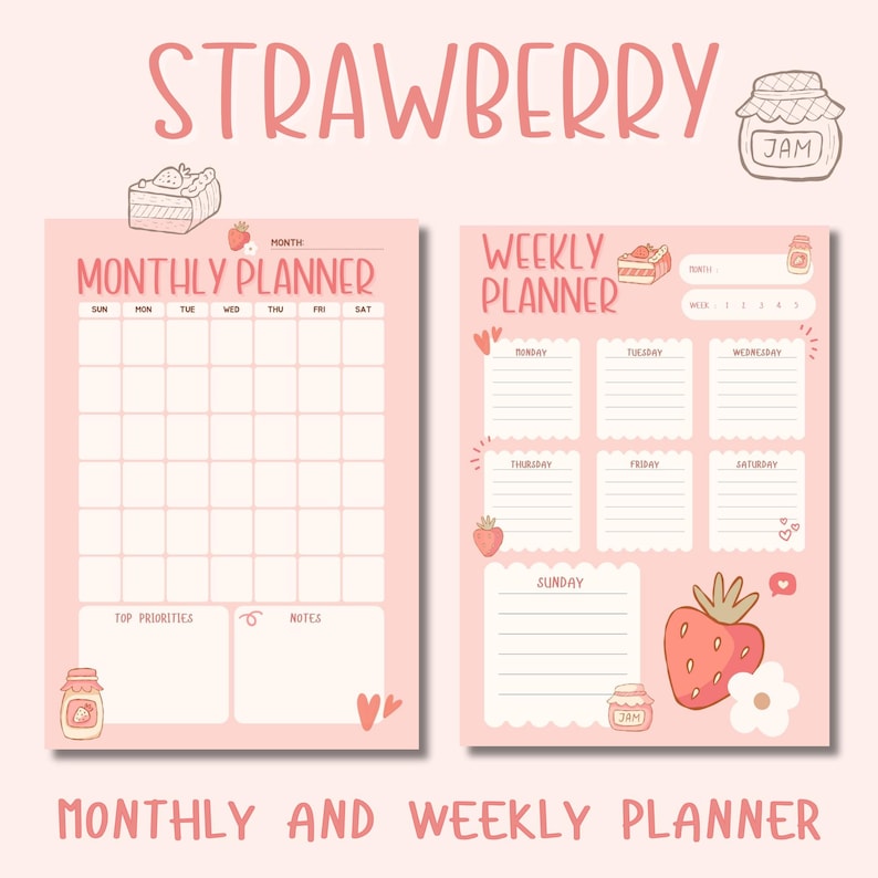 Planificador imprimible de fresas estilo cottagecore / Linda estética de fresa / Diario, semanal y mensual (PDF y JPG) imagen 4