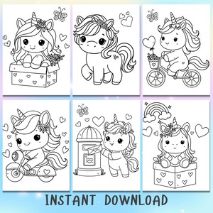 May include: Six black and white coloring pages featuring cute unicorn illustrations. Each page has a different scene, including a unicorn riding a bicycle, a unicorn delivering mail, and a unicorn sitting in a box.