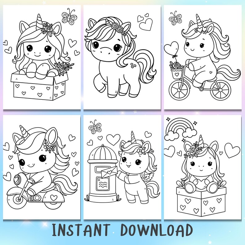 May include: Six black and white coloring pages featuring cute unicorn illustrations. Each page has a different scene, including a unicorn riding a bicycle, a unicorn delivering mail, and a unicorn sitting in a box.
