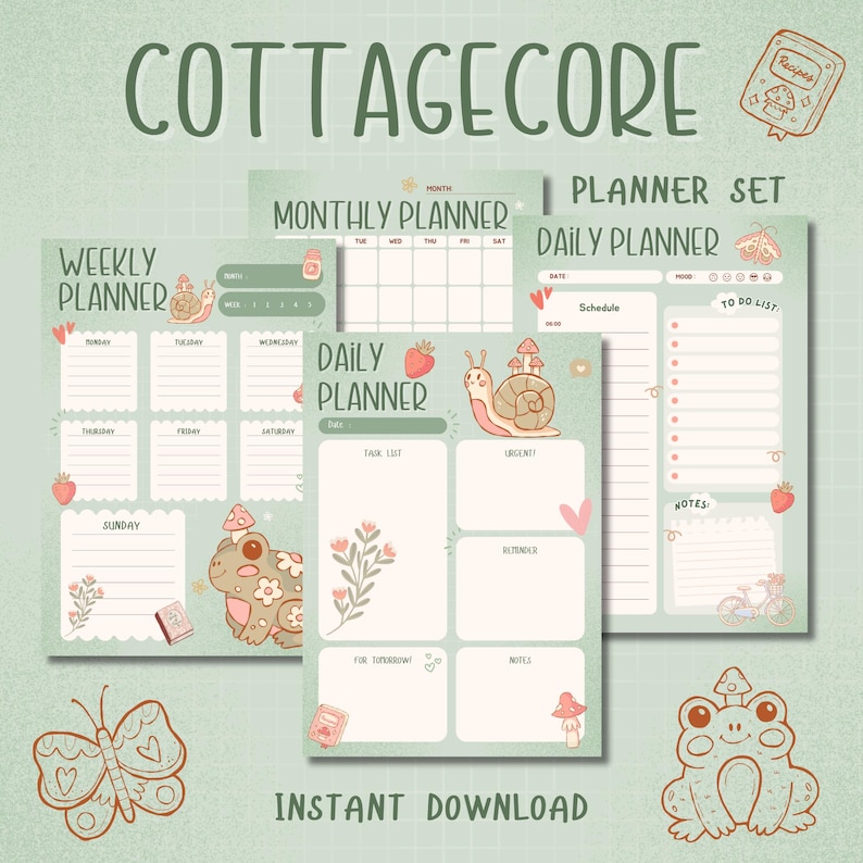 A printable cottagecore planner set featuring cute frogs, snails, flowers, and strawberries. Includes daily, weekly, and monthly planners in pastel green tones for a cozy, nature-inspired aesthetic.