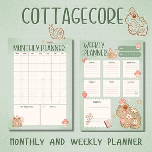 A printable cottagecore planner set featuring cute frogs, snails, flowers, and strawberries. Includes daily, weekly, and monthly planners in pastel green tones for a cozy, nature-inspired aesthetic.